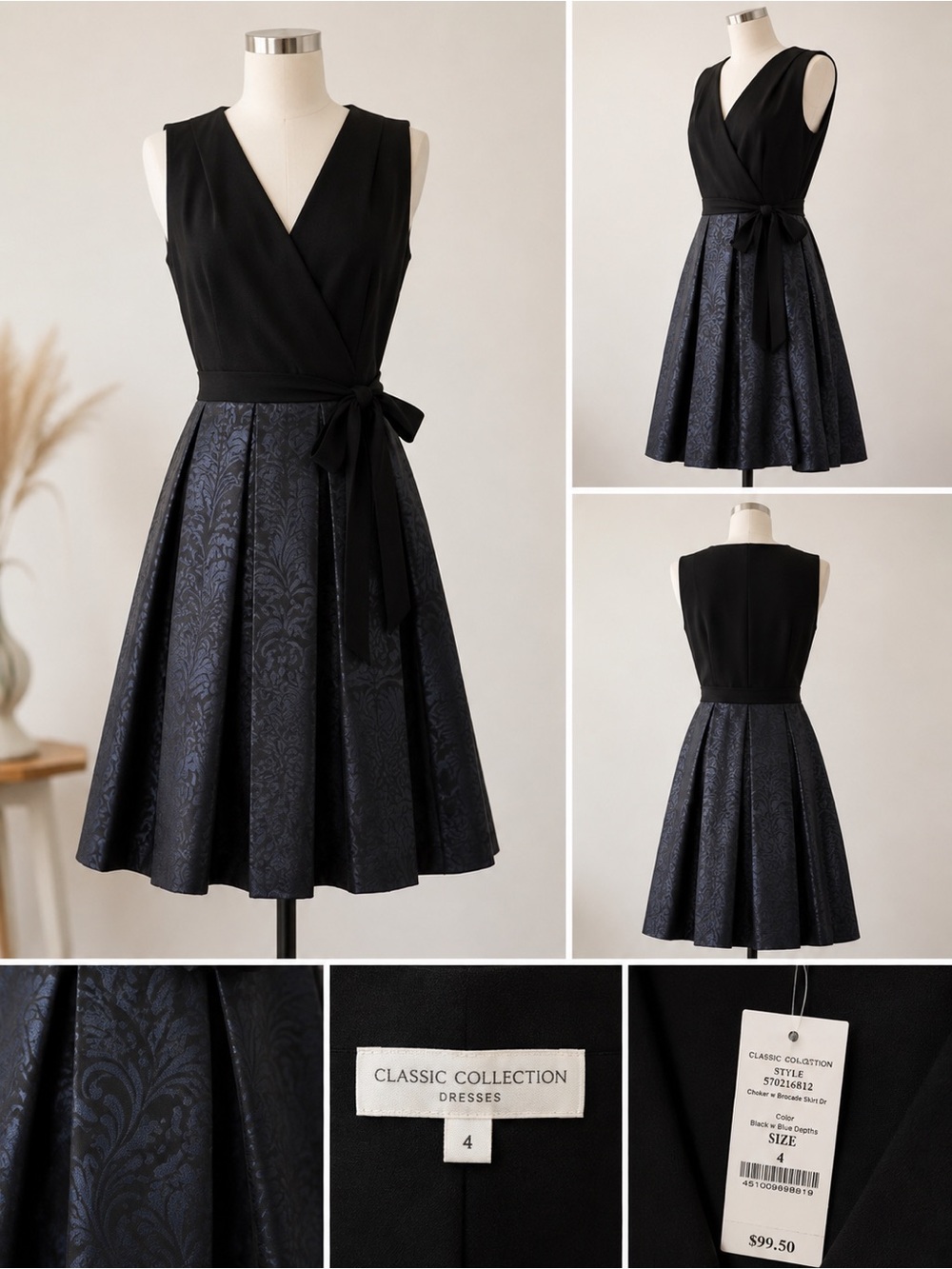 Elegant Black Dress With Pleated Bottom with Dark Royal Blue Pattern